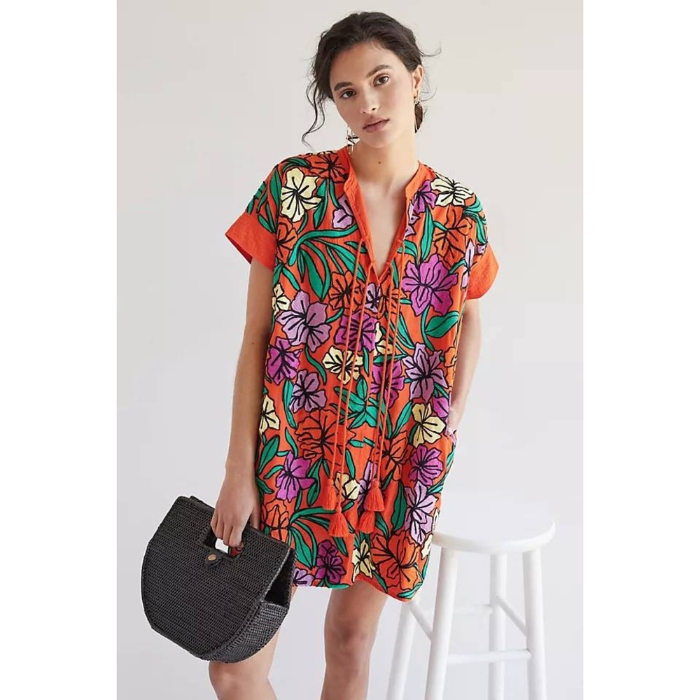 Roller Rabbit Orange Floral Embroidered Tassel Tunic Dress Pockets Cotton Size M